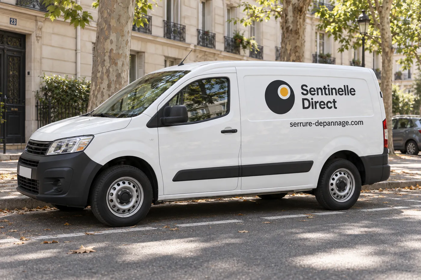 Camionnette d'intervention Sentinelle Direct garée dans une rue résidentielle bordée d'immeubles en pierre